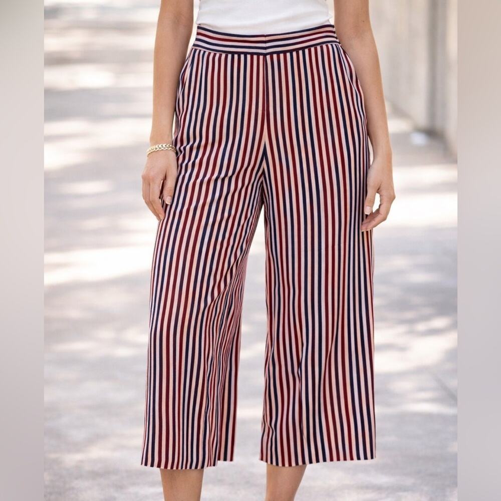 Ann Taylor High Rise Crop Striped Wide Leg Pants Pink Maroon Size 4 Women’s